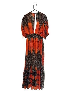 NWT Miss Avenue Orange and Brown Leopard Print Maxi Dress Size Small
